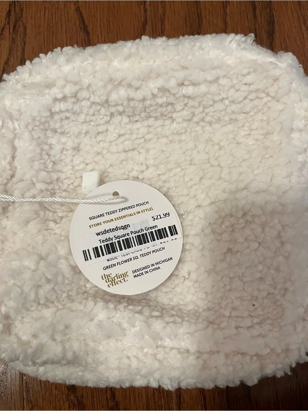 White Faux-Shearling Zip Pouch with Green Lining